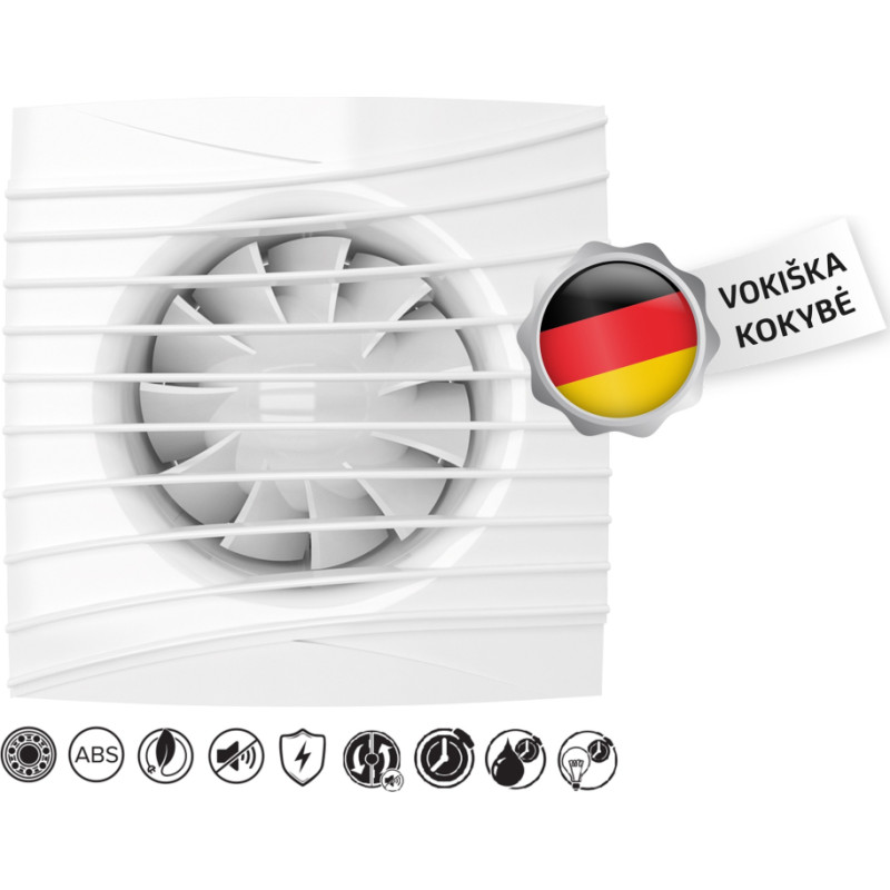 Vlano Vonios kambario ventiliatorius Vlano ONDA 100 TH (su laikmačiu ir drėgmės jutikliu) 100 mm