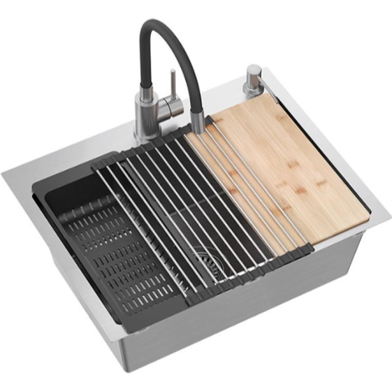 Quadron Virtuvės plautuvė su sifonu, 1 dubuo b/o + Qmat + įdėklas + dozatorius + medinė lenta + maišytuvas s