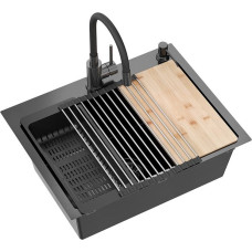 Quadron Virtuvės plautuvė su sifonu, 1 dubuo b/o + Qmat + įdėklas + dozatorius + medinė lenta + mai&scaron;ytuvas s