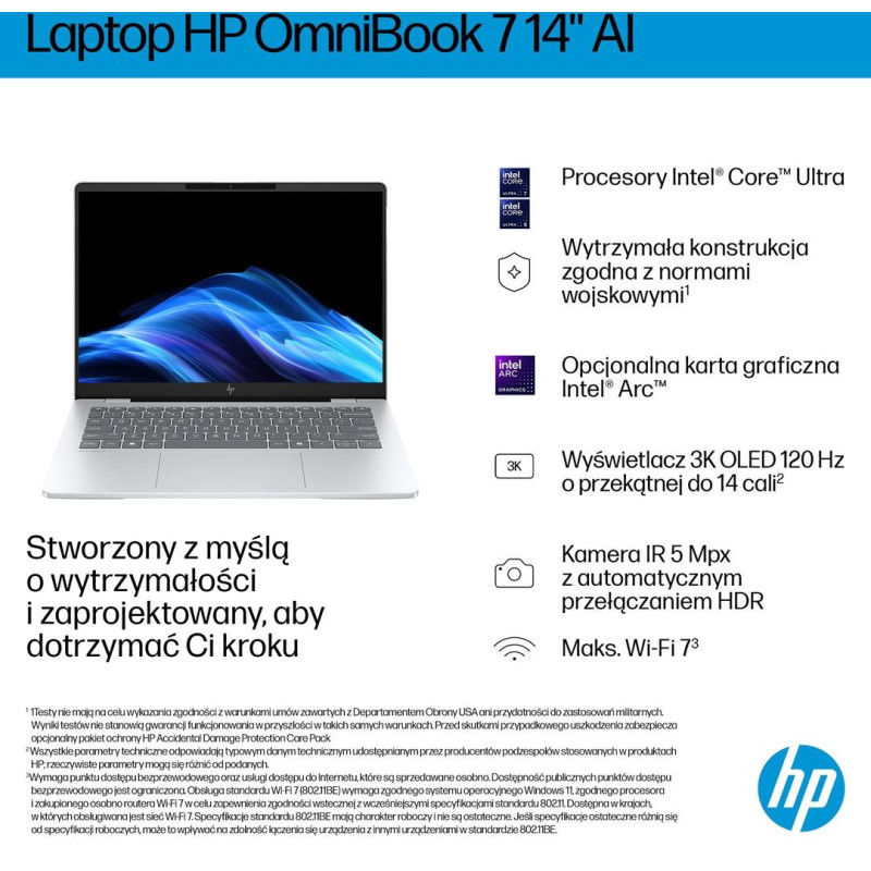Hewlett-Packard HP OmniBook 7 AI 14-fr0221nw Ultra 5 225U 14"2K 300nits AG 16GB LPDDR5-5200 SSD512 Intel Graphics Cam 5 Mpx IR 68Wh Win11 Glacial Silver 2Y