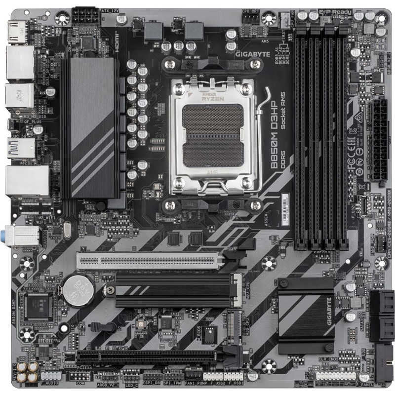 Gigabyte B850M D3HP Motherboard - AMD Ryzen 9000 Series CPUs, 5+2+2 Phases Digital VRM, up to 8200MHz DDR5 (OC), 1xPCIe 5.0 + 1xPCIe 4.0 M.2, GbE LAN, USB 3.2 Gen 2