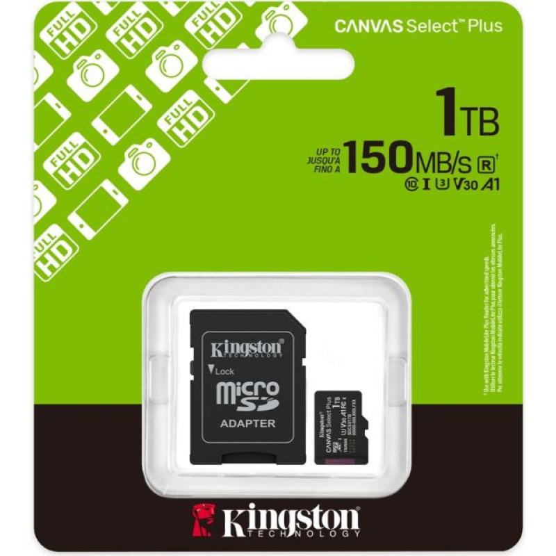 Kingston Technology 1TB microSDXC Canvas Select Plus Gen3 150MB/s A1 Card + Adapter
