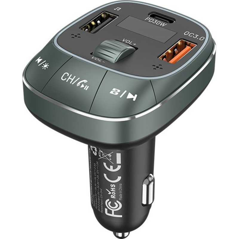 Vention 3-Port USB (C + A + A) Car Charger with FM Transmitter (30W/18W/5W) Black ABS Type