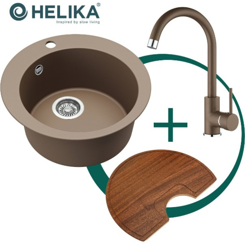 Helika Komplektas: virtuvės plautuvė, maišytuvas ir lentelė HELIKA SR100-114W+5523E2-001+SR-416.300 (sapele