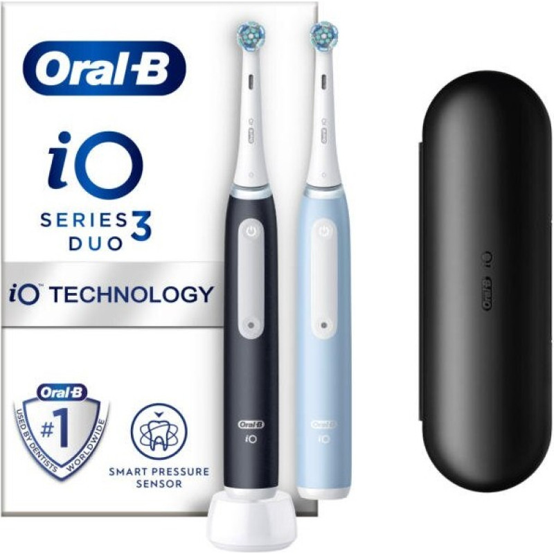 Oral-B Электрическая зубная щетка iO3, цвет: матовый черный/ледяной синий, комплект из двух штук.