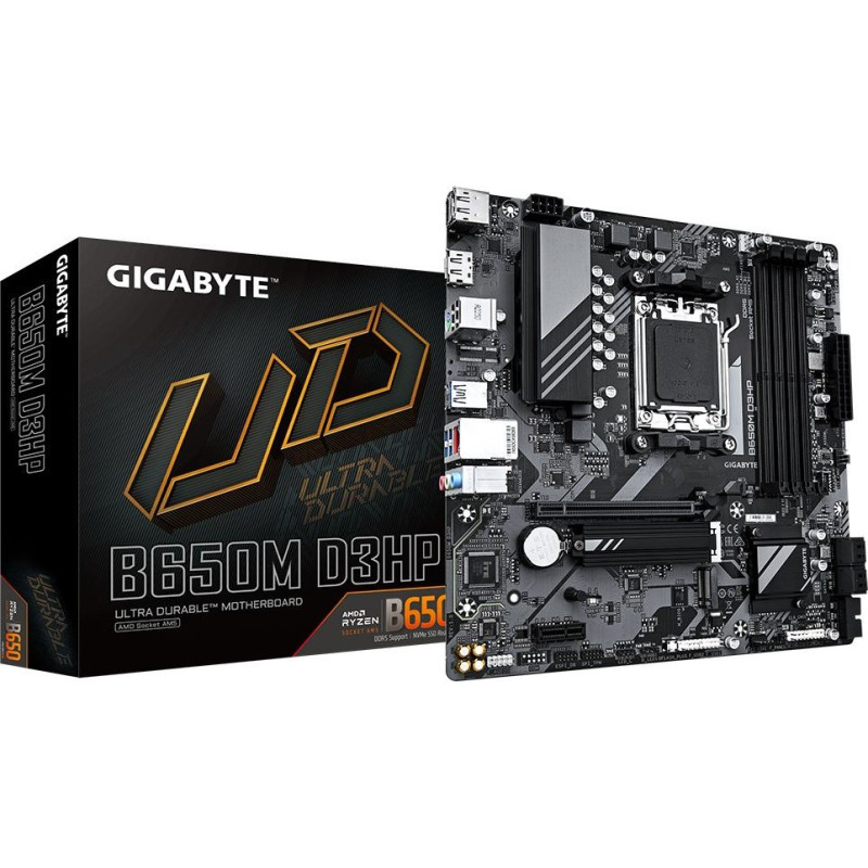 Gigabyte B650M D3HP Motherboard - AMD Ryzen 9000 Series CPUs, 5+2+2 Phases VRM, up to 7600MHz DDR5 (OC), 2xPCIe 4.0 M.2, 2.5GbE LAN, USB 3.2 Gen 1