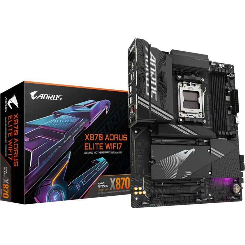 Gigabyte X870 AORUS ELITE WIFI7 Motherboard - Supports AMD Ryzen 9000 CPUs, 16+2+2 phases VRM, up to 8000MHz DDR5 (OC), 3xPCIe 5.0 + 1xPCIe 4.0, Wi-Fi 7, 2.5GbE LAN, USB 4