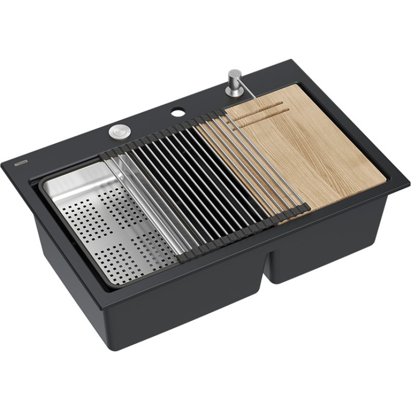 Quadron Plautuvė su dozatoriumi ir pjaustymo lenta Quadron MARC 120 HQC7650U7_BS, juoda/plieno