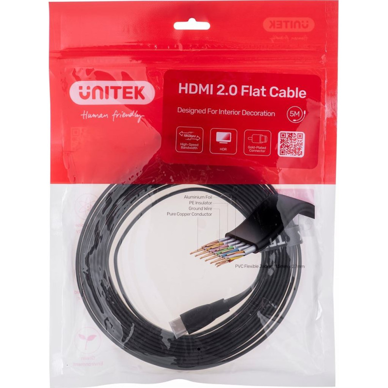 Unitek 2.0 4K60HZ FLAT 5M C11063BK-5M - Kabel - Digital/Display/Video HDMI cable 5 m HDMI Type A (Standard) Black