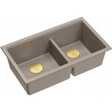 Graniteq QUADRON | LOGAN 120 | granitowy zlewozmywak kuchenny SOFT TAUPE + ZŁOTO PVD | wymiar: 76 x 45 x 23,5 cm | 2-komorowy wpuszczany | podbudowa szafki od: 80 cm