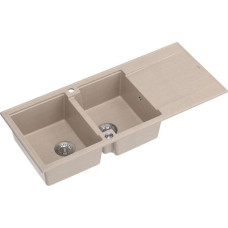 Graniteq Zlewozmywak GraniteQ EVAN 121 zlewozmywak z syfonem Push To Open 2-komorowy z/o (1160x500x210, kom. 420x340) pearl beige / elementy stalowe