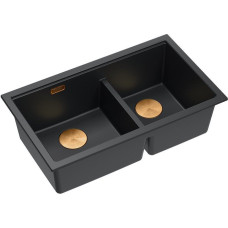 Graniteq QUADRON | LOGAN 120 | granitowy zlewozmywak kuchenny PURE CARBON  + MIEDŹ PVD | wymiar: 76 x 45 x 23,5 cm | 2-komorowy podwieszany | podbudowa szafki od: 80 cm