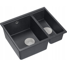 Graniteq Zlewozmywak GraniteQ QUADRON | LOGAN 150 | granitowy zlewozmywak kuchenny CZARNY + STAL | wymiary: 56 x 46 x 22 cm | 1,5-komorowy wpuszczany | podbudowa szafki od: 60 cm