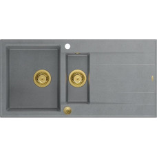 Graniteq Zlewozmywak GraniteQ EVAN 156 GraniteQ zlewozmywak z syfonem Push To Open 1,5-komorowy z/o (1000x500x210, kom. 420x480) silver stone / elementy złote