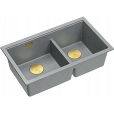 Graniteq QUADRON | LOGAN 120 | granitowy zlewozmywak kuchenny SILVER STONE + ZŁOTO PVD | wymiar: 76 x 45 x 23,5 cm | 2-komorowy podwieszany| podbudowa szafki od: 80 cm