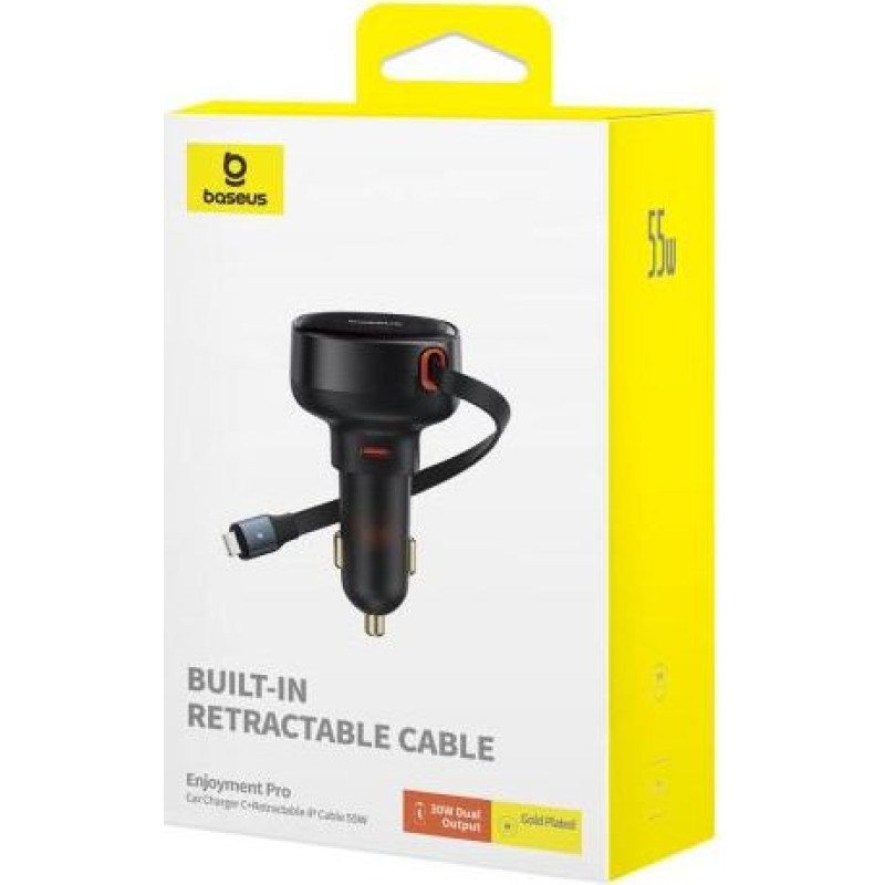 Baseus Car Charger Enjoyment Pro Fast Charger Type-C female, Lightning male (0.75m) Built-in Retractable Cable,55W Black EU (C00057803111-00)