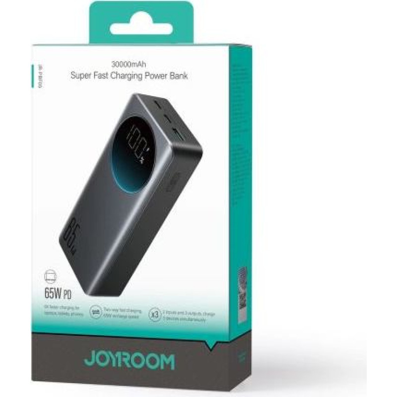 Joyroom Power Bank with Digital Display, C+C+U, PD 65W, 30000 mAh with Type-C to Typle-C cable (1,20m) Black (JR-PBF04)