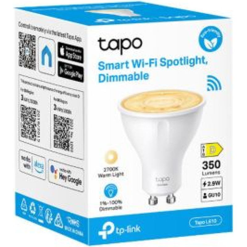 Tp-Link Smart Spotlight Tapo L610 , Wi-Fi, GU10, 2.9W, Dimmable, White EU